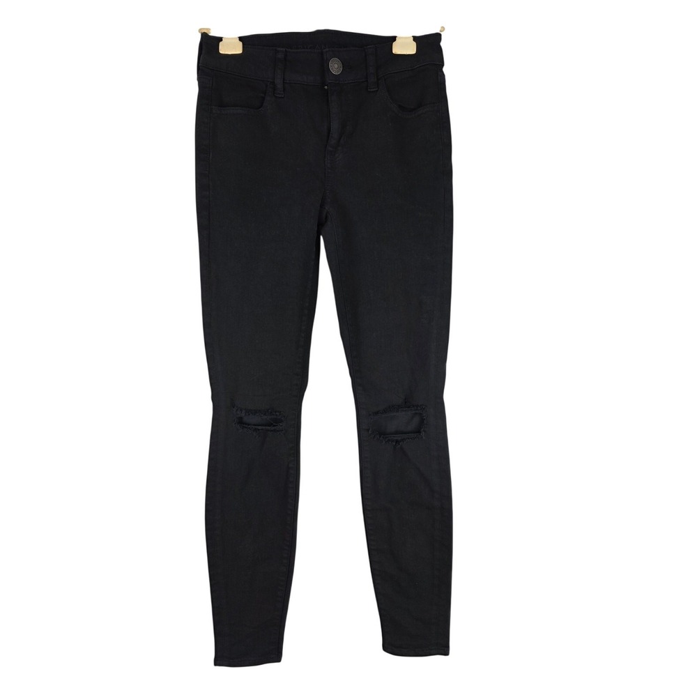 American Eagle Jegging Jeans 0 Womens Black Mid Rise Skinny Leg Distressed